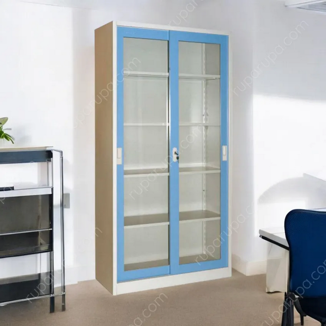 LEMARI ARSIP BESI KANTOR 2 PINTU KACA SLIDING BIRU KRISBOW | RAJARAK.ID