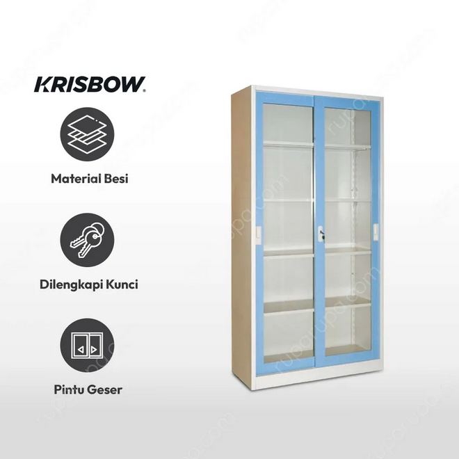 LEMARI ARSIP BESI KANTOR 2 PINTU KACA SLIDING BIRU KRISBOW | RAJARAK.ID