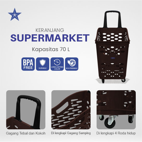 TROLI KERANJANG BELANJA PLASTIK SUPERMARKET LUCKY STAR 6790-DX VOL. 70 LITER, WARNA COKLAT, ABU & HITAM | RAJA RAK INDONESIA