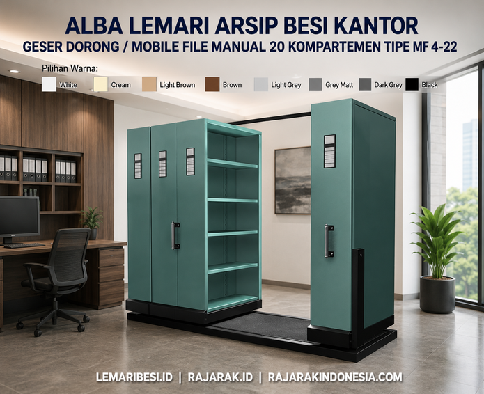 ALBA LEMARI ARSIP BESI KANTOR GESER DORONG / MOBILE FILE MANUAL 20 KOMPARTEMEN TIPE MF 4-22: Solusi Penyimpanan Arsip Modern yang Hemat Ruang, Kokoh, dan Profesional