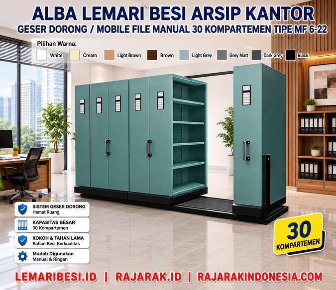 ALBA LEMARI BESI ARSIP KANTOR GESER DORONG / MOBILE FILE MANUAL 30 KOMPARTEMEN TIPE MF 6-22: Solusi Penyimpanan Arsip Modern yang Hemat Ruang dan Berkapasitas Besar