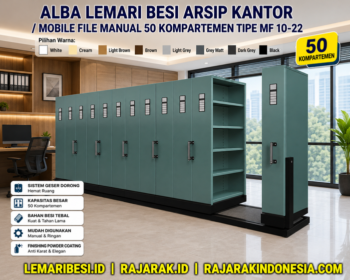 ALBA LEMARI BESI ARSIP KANTOR / MOBILE FILE MANUAL 50 KOMPARTEMEN TIPE MF 10-22: Solusi Penyimpanan Arsip Kapasitas Besar untuk Kantor Modern