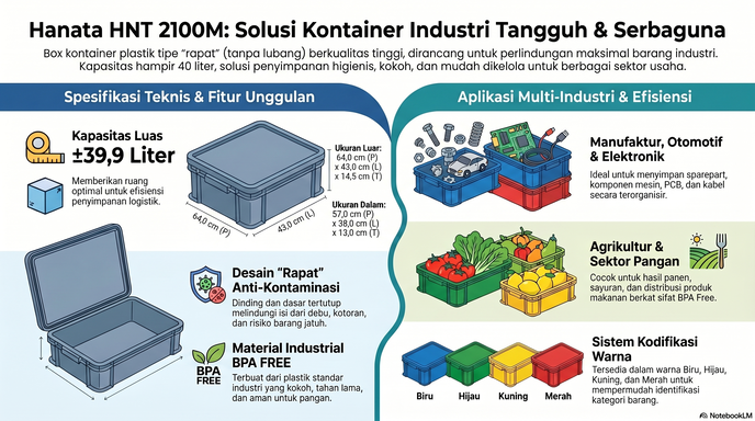 INFOGRAFIS BOX CONTAINER INDUSTRI PLASTIK RAPAT SERBAGUNA HANATA HNT 2100M UKURAN 64x43x14,5 CM
