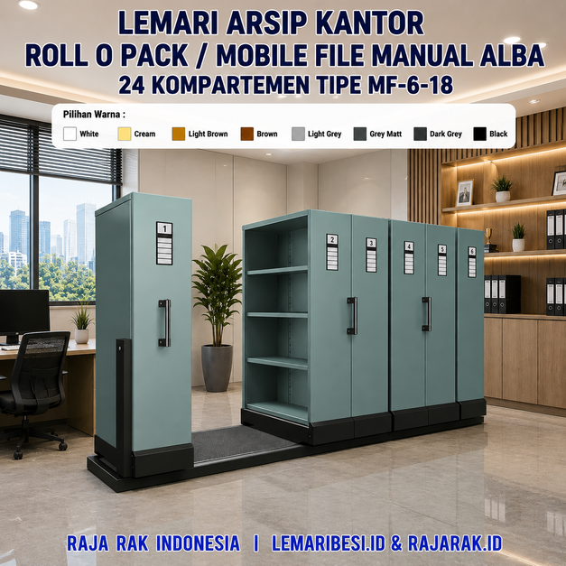 LEMARI ARSIP KANTOR ROLL O PACK / MOBILE FILE MANUAL ALBA 24 KOMPARTEMEN TIPE MF-6-18: Solusi Penyimpanan Arsip Modern yang Hemat Ruang, Kokoh, dan Profesional