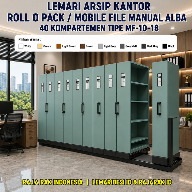 LEMARI ARSIP KANTOR ROLL O PACK / MOBILE FILE MANUAL ALBA 40 KOMPARTEMEN TIPE MF-10-18, UKURAN 183 x 100 x 490 CM | RAJA RAK INDONESIA
