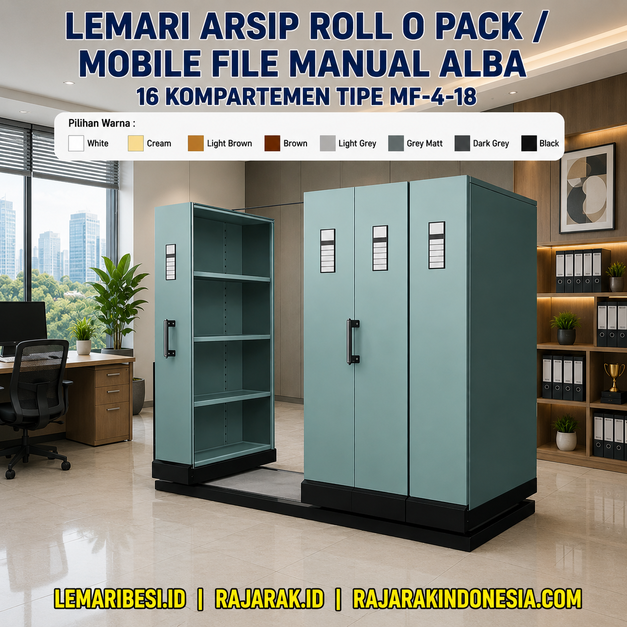 LEMARI ARSIP ROLL O PACK / MOBILE FILE MANUAL ALBA 16 KOMPARTEMEN TIPE MF-4-18: Solusi Penyimpanan Arsip Modern yang Hemat Ruang, Rapi, dan Profesional