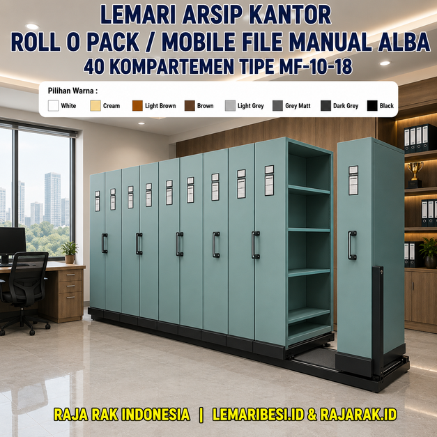 LEMARI ARSIP KANTOR ROLL O PACK / MOBILE FILE MANUAL ALBA 40 KOMPARTEMEN TIPE MF-10-18, UKURAN 183 x 100 x 490 CM | RAJA RAK INDONESIA