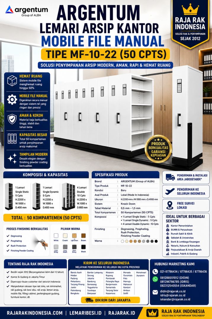 ARGENTUM LEMARI ARSIP KANTOR MOBILE FILE MANUAL TIPE MF-10-22 (50 CPTS) | RAJARAK.ID