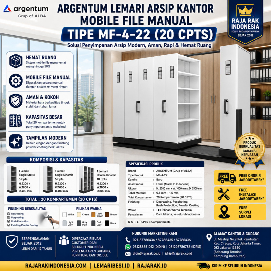 ARGENTUM LEMARI ARSIP KANTOR MOBILE FILE MANUAL TIPE MF-4-22 (20 CPTS) | RAJARAK.ID