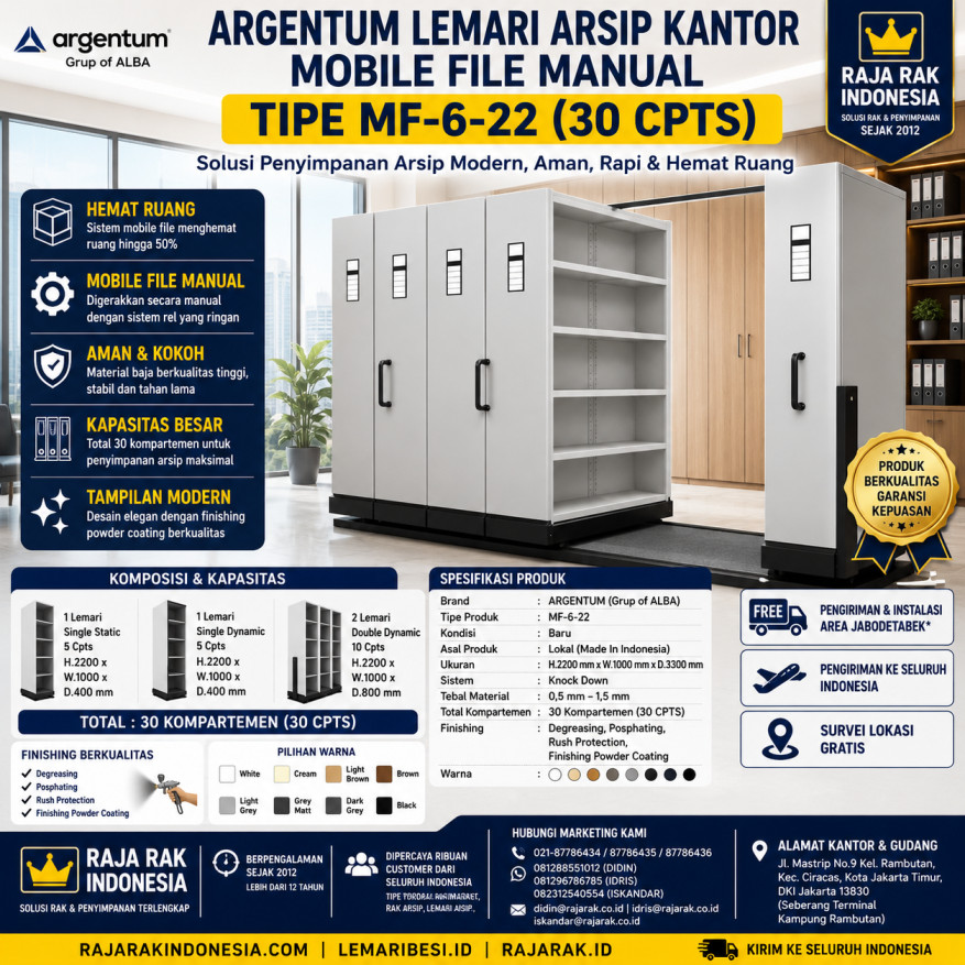 ARGENTUM LEMARI ARSIP KANTOR MOBILE FILE MANUAL TIPE MF-6-22 (30 CPTS) | RAJARAK.ID