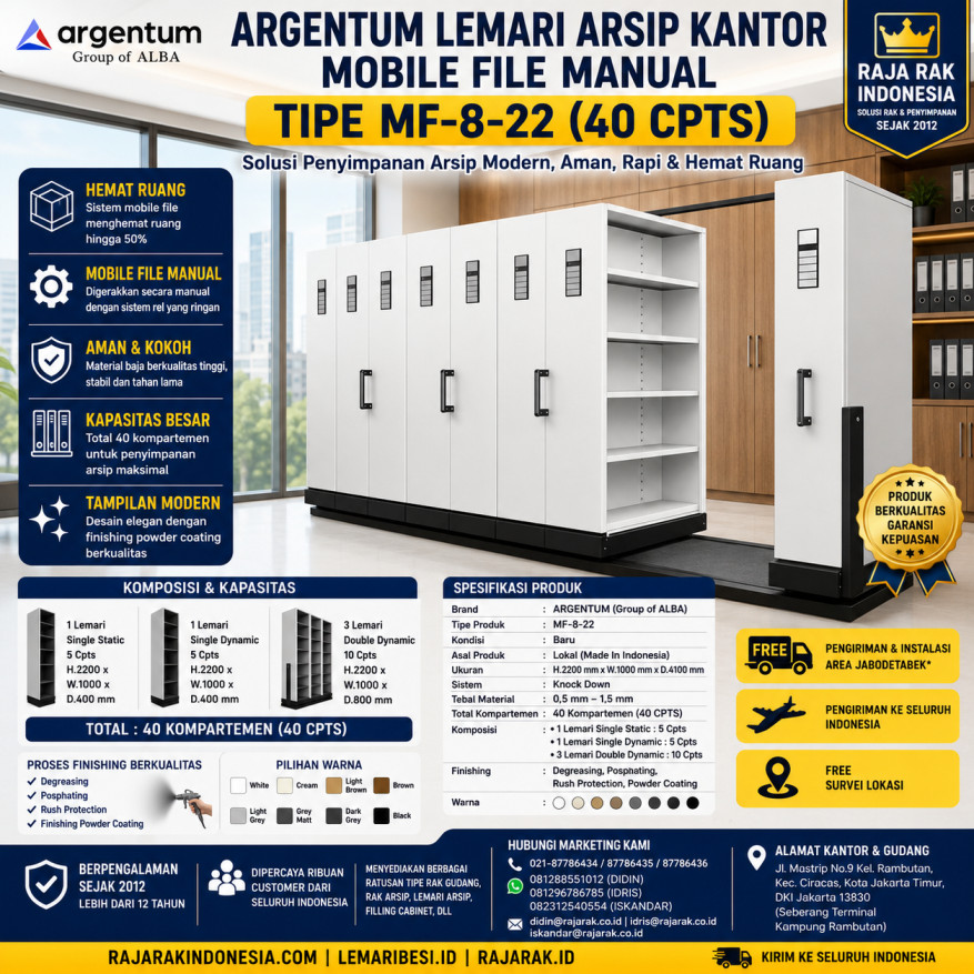 ARGENTUM LEMARI ARSIP KANTOR MOBILE FILE MANUAL TIPE MF-8-22 (40 CPTS) | RAJARAK.ID - RAJA RAK INDONESIA