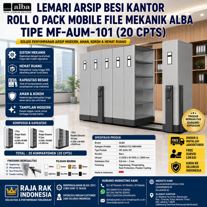 LEMARI ARSIP BESI KANTOR ALBA ROLL O PACK MOBILE FILE MEKANIK TIPE MF-AUM-101 (20 CPTS) | RAJARAK.ID
