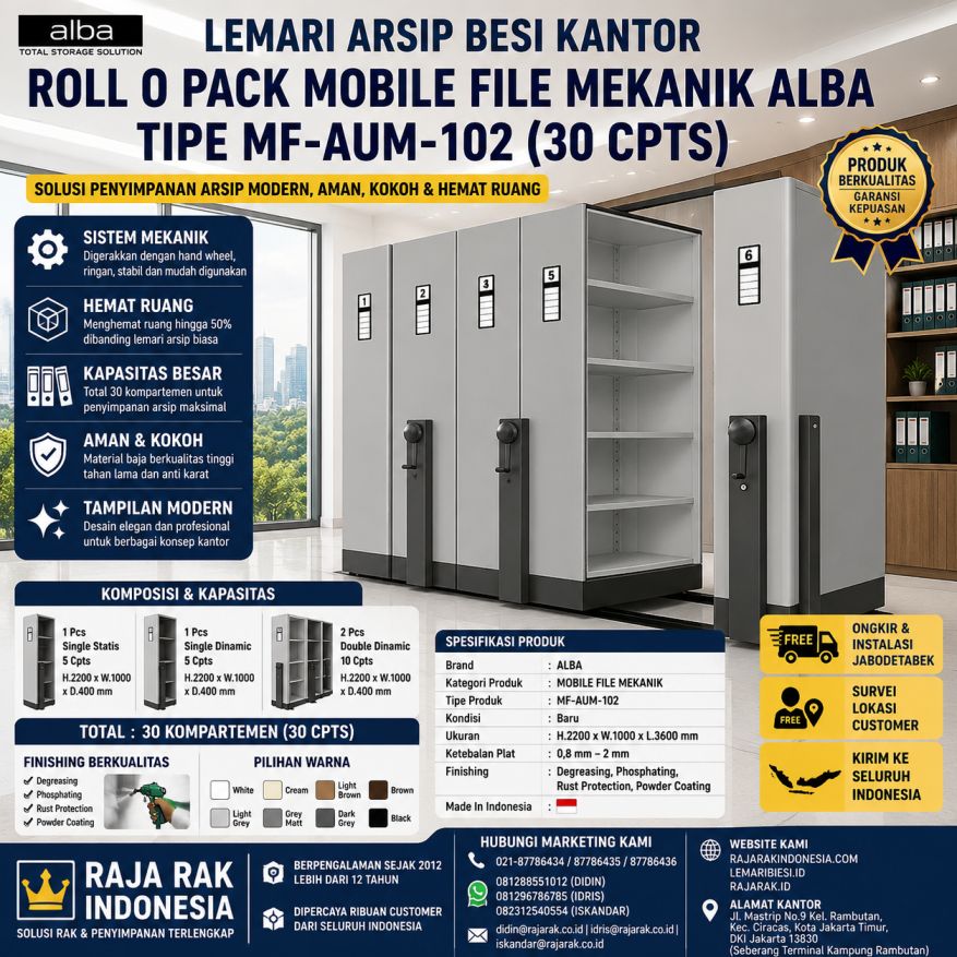 LEMARI ARSIP BESI KANTOR ALBA ROLL O PACK MOBILE FILE MEKANIK TIPE MF-AUM-102 (30 CPTS) | RAJARAK.ID