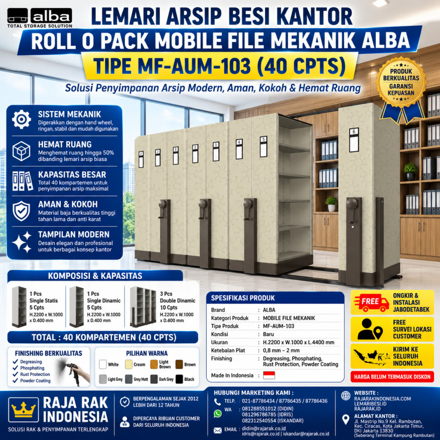LEMARI ARSIP BESI KANTOR ALBA ROLL O PACK MOBILE FILE MEKANIK TIPE MF-AUM-103 (40 CPTS) | RAJARAK.ID - RAJA RAK INDONESIA