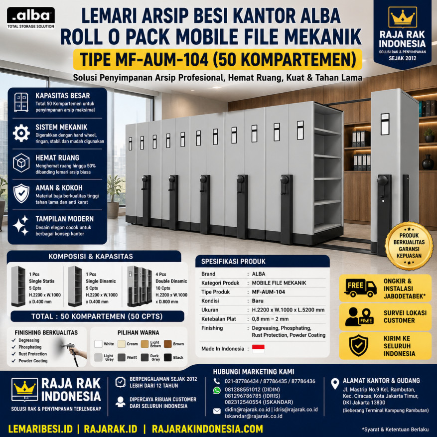 LEMARI ARSIP BESI KANTOR ALBA ROLL O PACK MOBILE FILE MEKANIK TIPE MF-AUM-104 (50 CPTS) | RAJARAK.ID