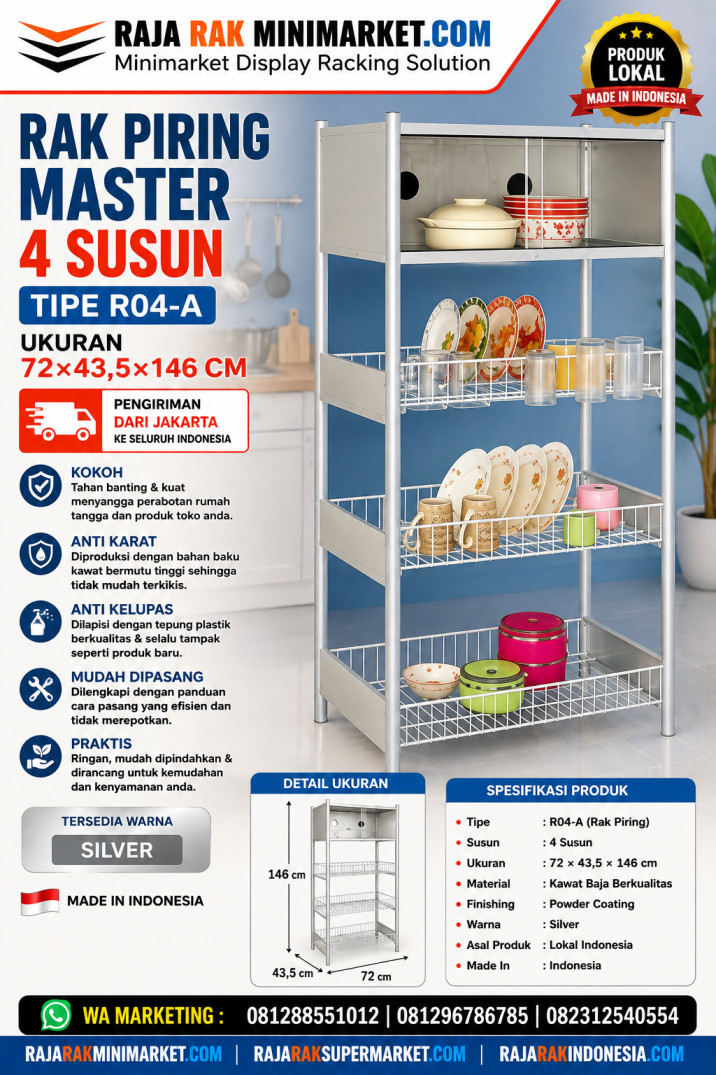 RAK PIRING MASTER 4 SUSUN TIPE R04-A UKURAN 72×43,5×146 CM | RAJARAK.ID | MINIMAL ORDER 2 SET (1 PACK) | JUAL & KIRIM KE SELURUH INDONESIA